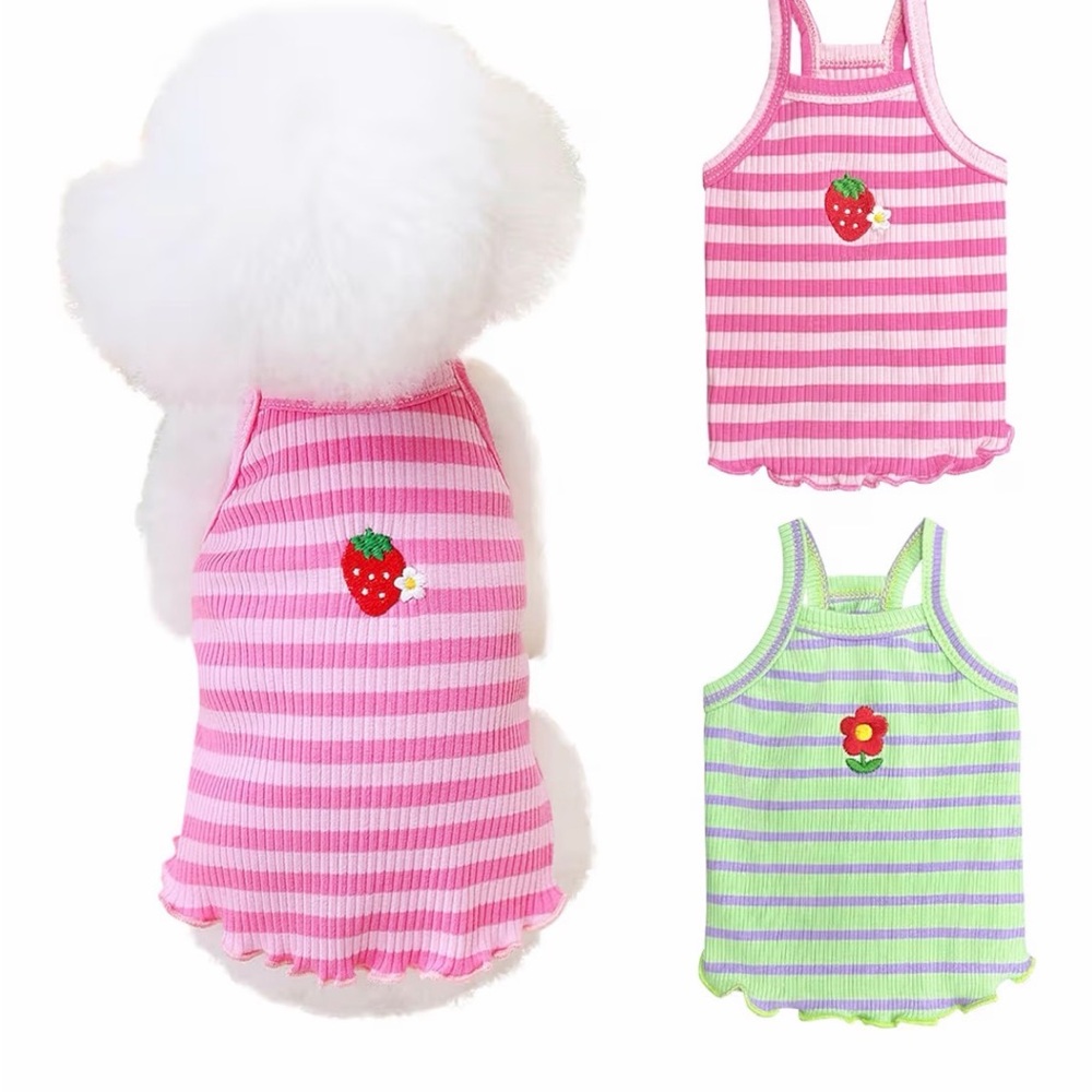 2 Piece Small Dog Summer Striped Shirt Flower Strawberry Embroidery Pink/Green